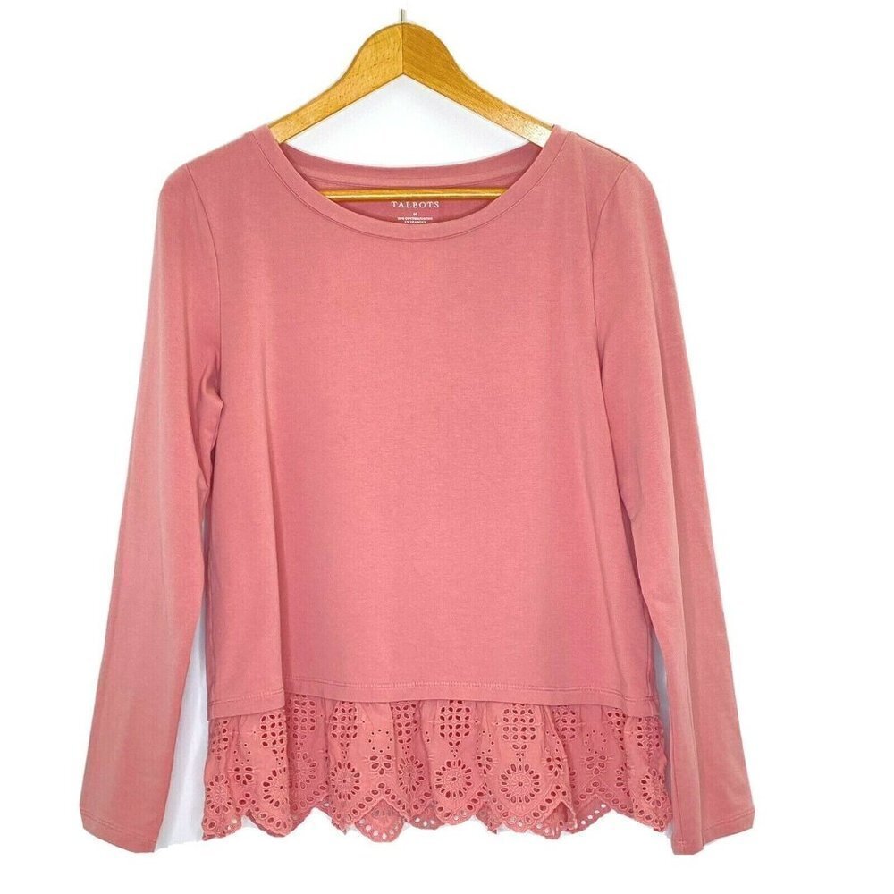 Talbot's Women's size Medium Long Sleeved Eyelet Lace Trimmed Peplum Top Pink